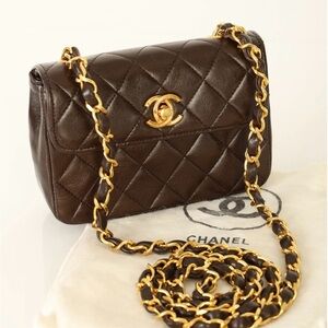 RARE Chanel Lambskin Brown Mini Flap 24K Gold Plated Hardware